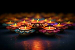 glücklich Diwali oder Deepavali traditionell indisch Festival mit Lehm Diya Öl Lampe. indisch Hindu Festival von Licht Symbol mit Kerze und Licht. Lehm Diya Lampe zündete während Diwali Feier durch ai generiert foto