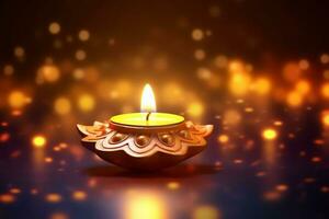 glücklich Diwali oder Deepavali traditionell indisch Festival mit Lehm Diya Öl Lampe. indisch Hindu Festival von Licht Symbol mit Kerze und Licht. Lehm Diya Lampe zündete während Diwali Feier durch ai generiert foto