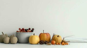 das Erntedankfest Tag oder Herbst Komposition mit Kürbis, Orangen, Blätter oder Hähnchen. das Erntedankfest Essen Konzept durch ai generiert foto