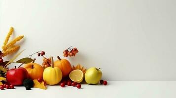 das Erntedankfest Tag oder Herbst Komposition mit Kürbis, Orangen, Blätter oder Hähnchen. das Erntedankfest Essen Konzept durch ai generiert foto