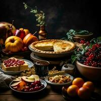 das Erntedankfest Tag oder Herbst Komposition mit Kürbis, Orangen, Blätter oder Hähnchen. das Erntedankfest Essen Konzept durch ai generiert foto