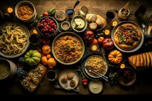 das Erntedankfest Tag oder Herbst Komposition mit Kürbis, Orangen, Blätter oder Hähnchen. das Erntedankfest Essen Konzept durch ai generiert foto