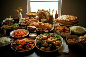 das Erntedankfest Tag oder Herbst Komposition mit Kürbis, Orangen, Blätter oder Hähnchen. das Erntedankfest Essen Konzept durch ai generiert foto