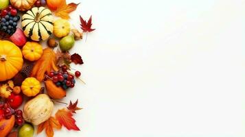 das Erntedankfest Tag oder Herbst Komposition mit Kürbis, Orangen, Blätter oder Hähnchen. das Erntedankfest Essen Konzept durch ai generiert foto