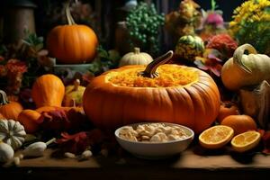 das Erntedankfest Tag oder Herbst Komposition mit Kürbis, Orangen, Blätter oder Hähnchen. das Erntedankfest Essen Konzept durch ai generiert foto