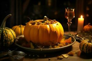 das Erntedankfest Tag oder Herbst Komposition mit Kürbis, Orangen, Blätter oder Hähnchen. das Erntedankfest Essen Konzept durch ai generiert foto