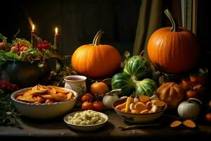 das Erntedankfest Tag oder Herbst Komposition mit Kürbis, Orangen, Blätter oder Hähnchen. das Erntedankfest Essen Konzept durch ai generiert foto