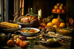 das Erntedankfest Tag oder Herbst Komposition mit Kürbis, Orangen, Blätter oder Hähnchen. das Erntedankfest Essen Konzept durch ai generiert foto