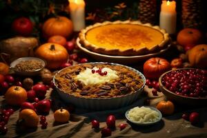 das Erntedankfest Tag oder Herbst Komposition mit Kürbis, Orangen, Blätter oder Hähnchen. das Erntedankfest Essen Konzept durch ai generiert foto