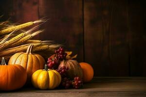 das Erntedankfest Tag oder Herbst Komposition mit Kürbis, Orangen, Blätter oder Hähnchen. das Erntedankfest Essen Konzept durch ai generiert foto