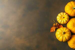 das Erntedankfest Tag oder Herbst Komposition mit Kürbis, Orangen, Blätter oder Hähnchen. das Erntedankfest Essen Konzept durch ai generiert foto