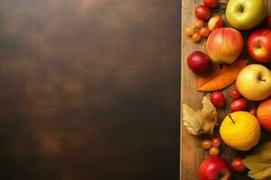 das Erntedankfest Tag oder Herbst Komposition mit Kürbis, Orangen, Blätter oder Hähnchen. das Erntedankfest Essen Konzept durch ai generiert foto