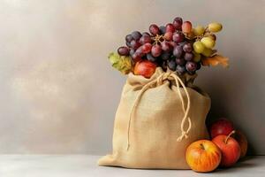 das Erntedankfest Tag oder Herbst Komposition mit Kürbis, Orangen, Blätter oder Hähnchen. das Erntedankfest Essen Konzept durch ai generiert foto