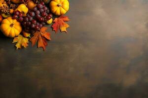 das Erntedankfest Tag oder Herbst Komposition mit Kürbis, Orangen, Blätter oder Hähnchen. das Erntedankfest Essen Konzept durch ai generiert foto