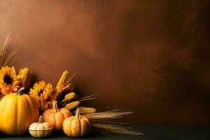 das Erntedankfest Tag oder Herbst Komposition mit Kürbis, Orangen, Blätter oder Hähnchen. das Erntedankfest Essen Konzept durch ai generiert foto