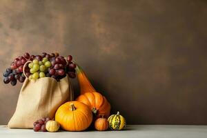 das Erntedankfest Tag oder Herbst Komposition mit Kürbis, Orangen, Blätter oder Hähnchen. das Erntedankfest Essen Konzept durch ai generiert foto