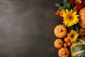 das Erntedankfest Tag oder Herbst Komposition mit Kürbis, Orangen, Blätter oder Hähnchen. das Erntedankfest Essen Konzept durch ai generiert foto