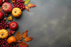 das Erntedankfest Tag oder Herbst Komposition mit Kürbis, Orangen, Blätter oder Hähnchen. das Erntedankfest Essen Konzept durch ai generiert foto