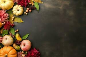 das Erntedankfest Tag oder Herbst Komposition mit Kürbis, Orangen, Blätter oder Hähnchen. das Erntedankfest Essen Konzept durch ai generiert foto