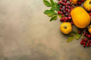 das Erntedankfest Tag oder Herbst Komposition mit Kürbis, Orangen, Blätter oder Hähnchen. das Erntedankfest Essen Konzept durch ai generiert foto