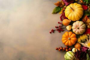 das Erntedankfest Tag oder Herbst Komposition mit Kürbis, Orangen, Blätter oder Hähnchen. das Erntedankfest Essen Konzept durch ai generiert foto