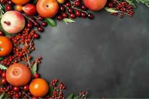 das Erntedankfest Tag oder Herbst Komposition mit Kürbis, Orangen, Blätter oder Hähnchen. das Erntedankfest Essen Konzept durch ai generiert foto