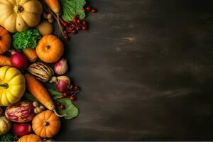 das Erntedankfest Tag oder Herbst Komposition mit Kürbis, Orangen, Blätter oder Hähnchen. das Erntedankfest Essen Konzept durch ai generiert foto