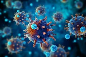 3d machen von ein medizinisch mit Virus Zellen Bakterien. mehrere realistisch Coronavirus Partikel schwebend Konzept durch ai generiert foto
