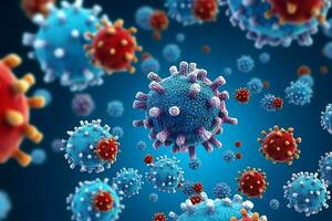3d machen von ein medizinisch mit Virus Zellen Bakterien. mehrere realistisch Coronavirus Partikel schwebend Konzept durch ai generiert foto