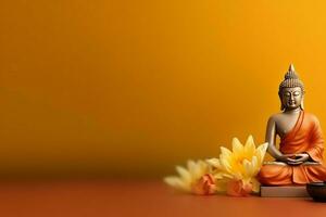 ein Buddha sitzt im im vesak Buddha Purnima Tag mit Kopieren Raum. Hintergrund zum vesak Festival Tag Konzept. vesak Feier Tag Schöne Grüße Konzept durch ai generiert foto