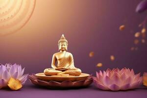 ein Buddha sitzt im im vesak Buddha Purnima Tag mit Kopieren Raum. Hintergrund zum vesak Festival Tag Konzept. vesak Feier Tag Schöne Grüße Konzept durch ai generiert foto