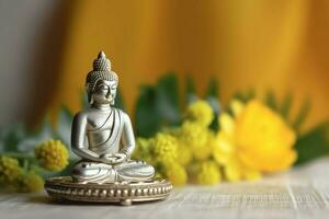 ein Buddha sitzt im im vesak Buddha Purnima Tag mit Kopieren Raum. Hintergrund zum vesak Festival Tag Konzept. vesak Feier Tag Schöne Grüße Konzept durch ai generiert foto