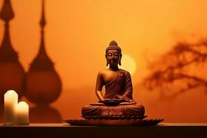 ein Buddha sitzt im im vesak Buddha Purnima Tag mit Kopieren Raum. Hintergrund zum vesak Festival Tag Konzept. vesak Feier Tag Schöne Grüße Konzept durch ai generiert foto