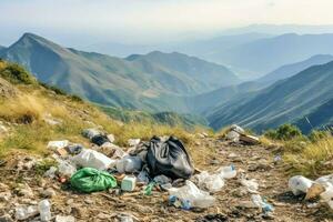 Umwelt Problem Plastik Müll oder Müll im das Berg von global Erwärmen. Verschmutzung Konzept durch ai generiert foto