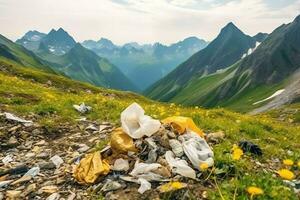 Umwelt Problem Plastik Müll oder Müll im das Berg von global Erwärmen. Verschmutzung Konzept durch ai generiert foto