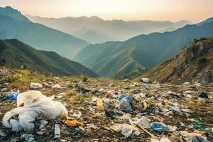 Umwelt Problem Plastik Müll oder Müll im das Berg von global Erwärmen. Verschmutzung Konzept durch ai generiert foto