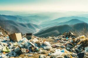 Umwelt Problem Plastik Müll oder Müll im das Berg von global Erwärmen. Verschmutzung Konzept durch ai generiert foto