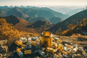 Umwelt Problem Plastik Müll oder Müll im das Berg von global Erwärmen. Verschmutzung Konzept durch ai generiert foto