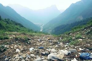 Umwelt Problem Plastik Müll oder Müll im das Berg von global Erwärmen. Verschmutzung Konzept durch ai generiert foto