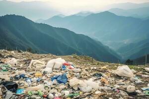 Umwelt Problem Plastik Müll oder Müll im das Berg von global Erwärmen. Verschmutzung Konzept durch ai generiert foto