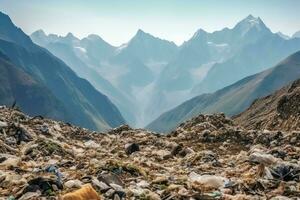 Umwelt Problem Plastik Müll oder Müll im das Berg von global Erwärmen. Verschmutzung Konzept durch ai generiert foto