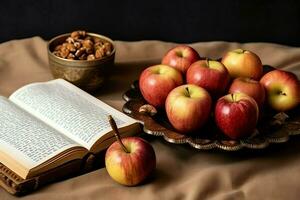 traditionell Essen von jüdisch Neu Jahr Urlaub von Tradition oder Religion. rosh hashanah mit Kopieren Raum Konzept durch ai generiert foto