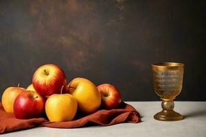 traditionell Essen von jüdisch Neu Jahr Urlaub von Tradition oder Religion. rosh hashanah mit Kopieren Raum Konzept durch ai generiert foto