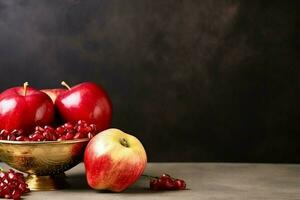 traditionell Essen von jüdisch Neu Jahr Urlaub von Tradition oder Religion. rosh hashanah mit Kopieren Raum Konzept durch ai generiert foto