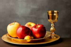 traditionell Essen von jüdisch Neu Jahr Urlaub von Tradition oder Religion. rosh hashanah mit Kopieren Raum Konzept durch ai generiert foto