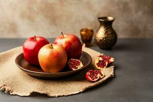 traditionell Essen von jüdisch Neu Jahr Urlaub von Tradition oder Religion. rosh hashanah mit Kopieren Raum Konzept durch ai generiert foto