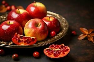 traditionell Essen von jüdisch Neu Jahr Urlaub von Tradition oder Religion. rosh hashanah mit Kopieren Raum Konzept durch ai generiert foto