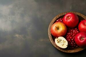 traditionell Essen von jüdisch Neu Jahr Urlaub von Tradition oder Religion. rosh hashanah mit Kopieren Raum Konzept durch ai generiert foto