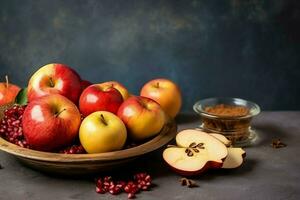 traditionell Essen von jüdisch Neu Jahr Urlaub von Tradition oder Religion. rosh hashanah mit Kopieren Raum Konzept durch ai generiert foto