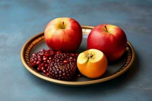 traditionell Essen von jüdisch Neu Jahr Urlaub von Tradition oder Religion. rosh hashanah mit Kopieren Raum Konzept durch ai generiert foto